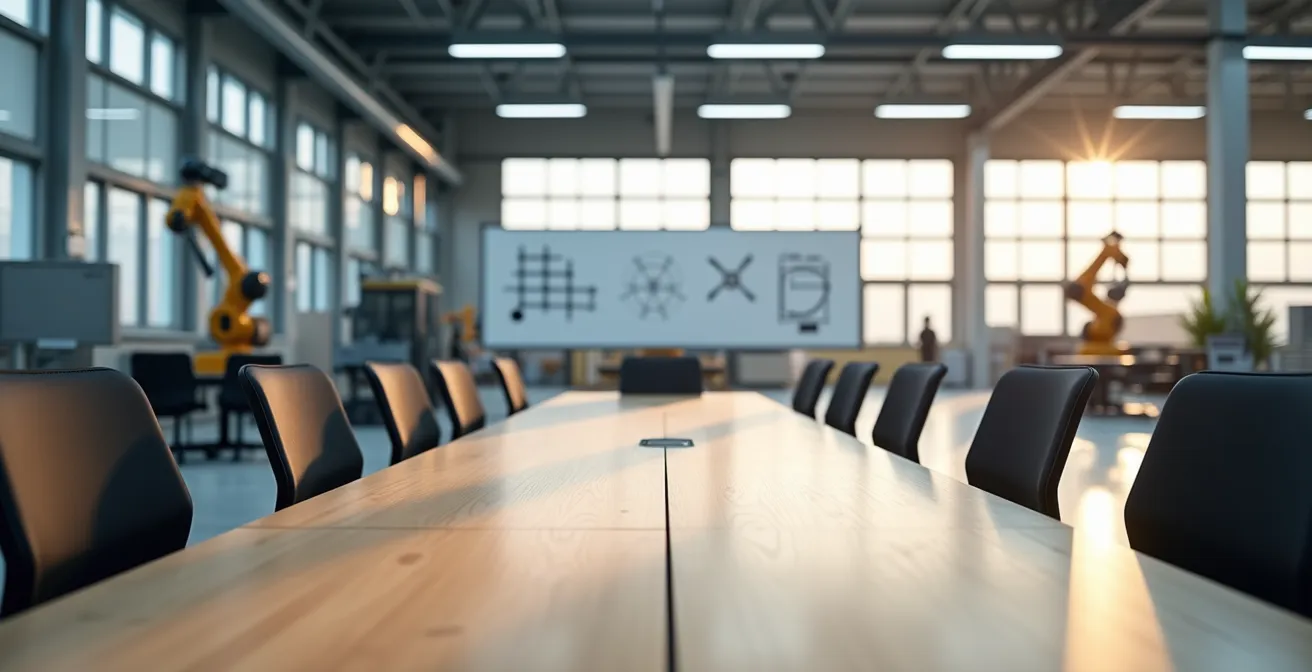 Weitwinkelaufnahme eines modernen deutschen Produktionsbereichs mit flexiblen Arbeitsstationen