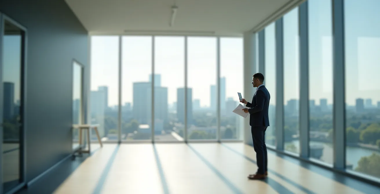 Geschäftsführer bereitet Antrag auf Aussetzung der Vollziehung vor, im Hintergrund die Frankfurter Skyline.