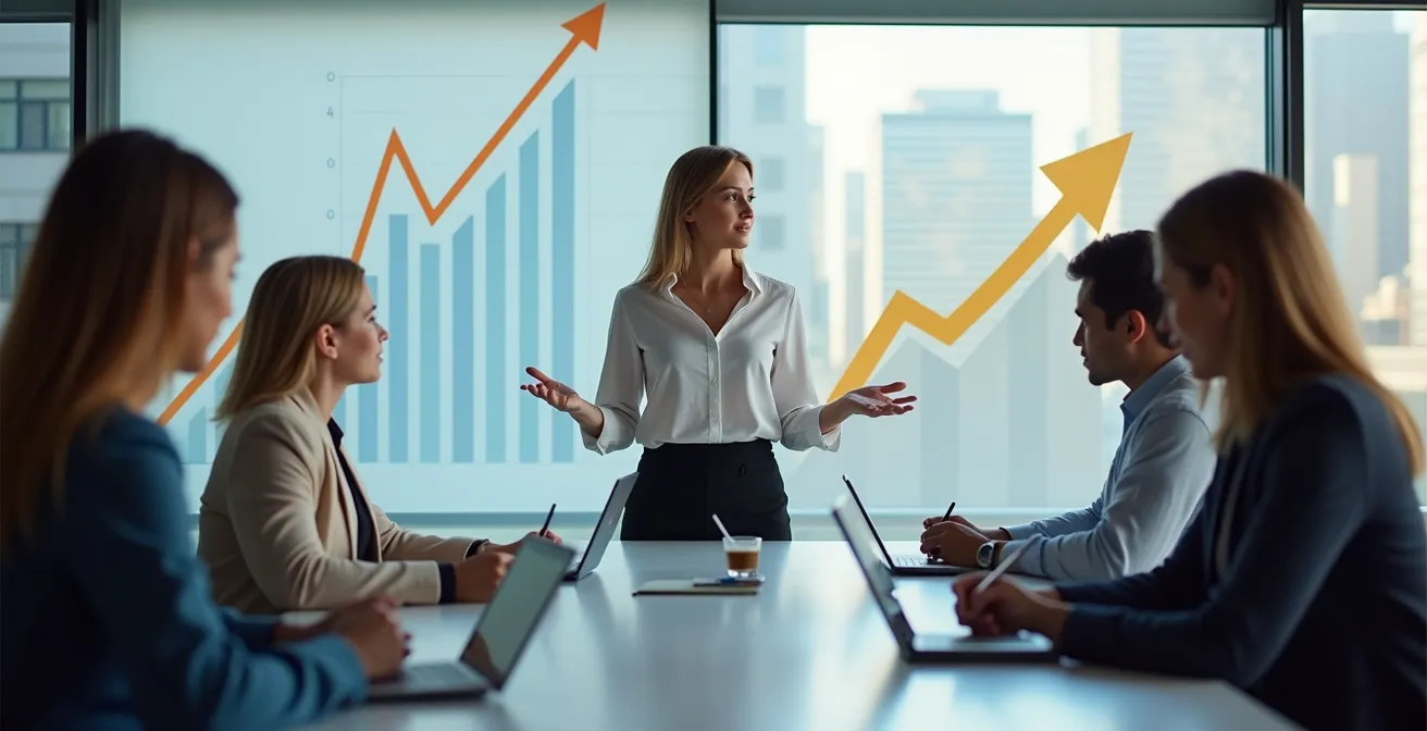 Modernes Board-Meeting mit KPI-Präsentation auf abstrakten Dashboards