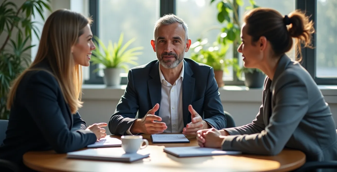 Ein diverses Team in einem konstruktiven Budget-Retrospektive-Meeting, das eine kollaborative Kultur zur Analyse von Planungsfehlern zeigt.