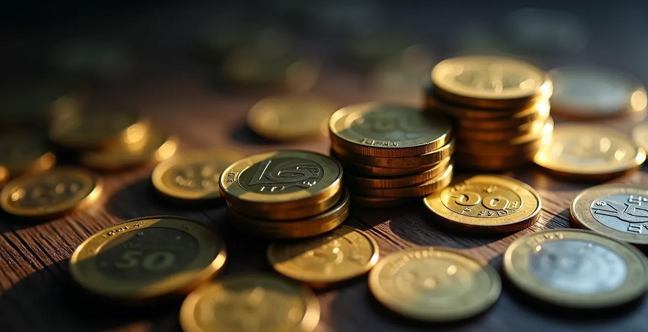 Makroaufnahme von Münzen und abstrakten Finanzmustern zur Visualisierung der Burn-Rate