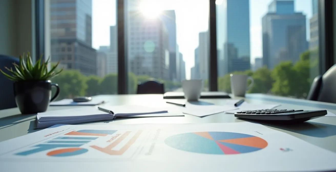 Weitwinkelaufnahme eines deutschen Büros mit Finanzunterlagen und Taschenrechner auf einem Schreibtisch