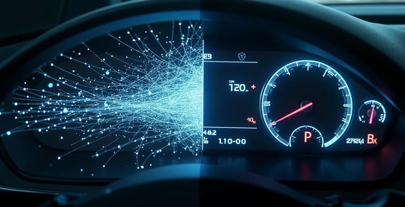 Konzeptuelle Darstellung eines Daten-Dashboards im Vergleich zu einem Auto-Armaturenbrett