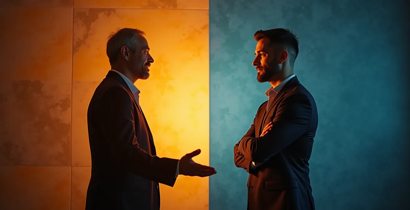 Zwei kontrastierende Führungsstile symbolisch dargestellt durch offene und geschlossene Körpersprache