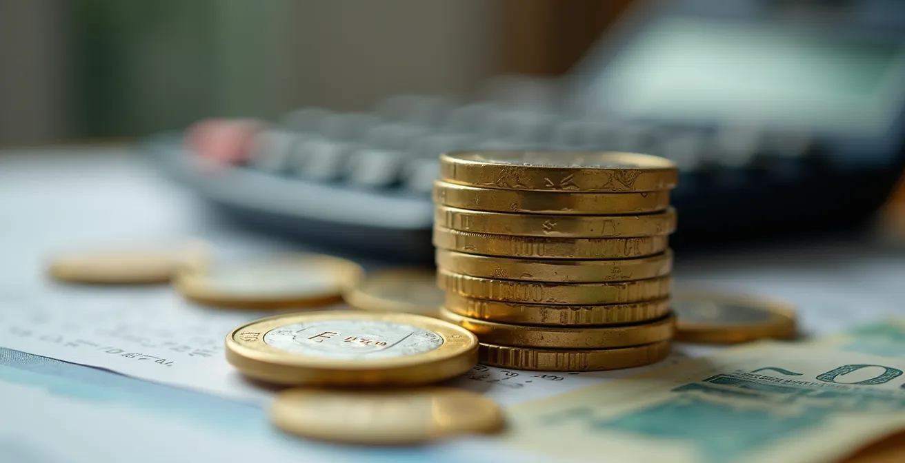 Makroaufnahme von Euro-Münzen und Finanzdokumenten