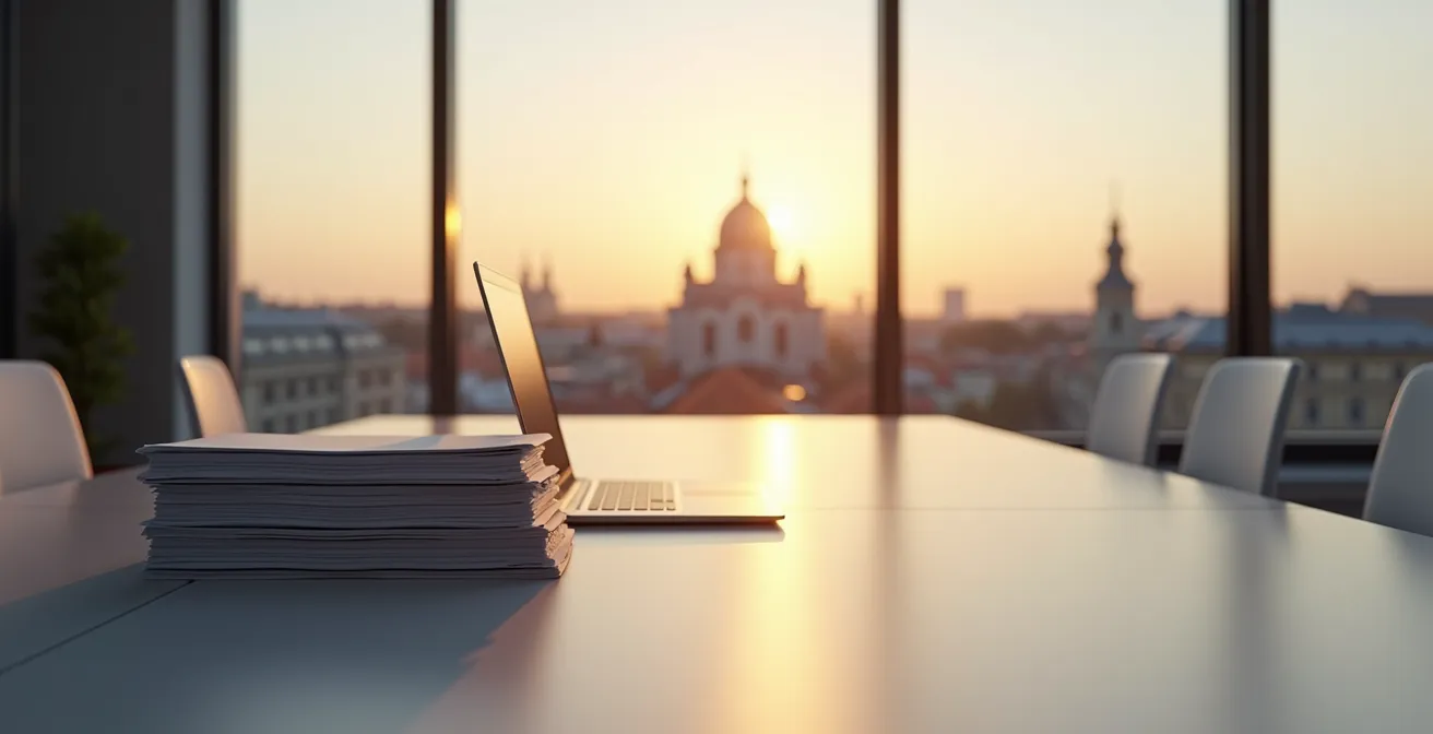 Modernes Büro in Wien mit österreichischen Geschäftsdokumenten und Stadtansicht