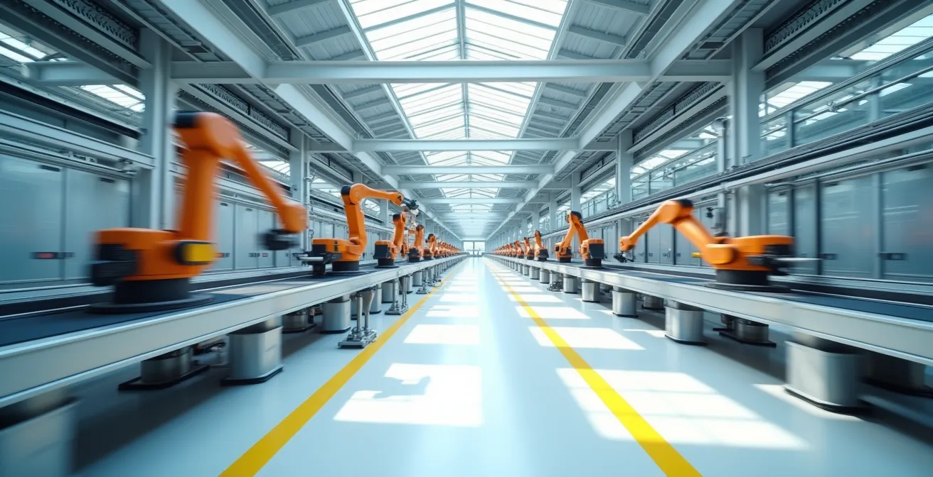 Moderne Produktionsanlage mit automatisierten Prozessen und Robotern