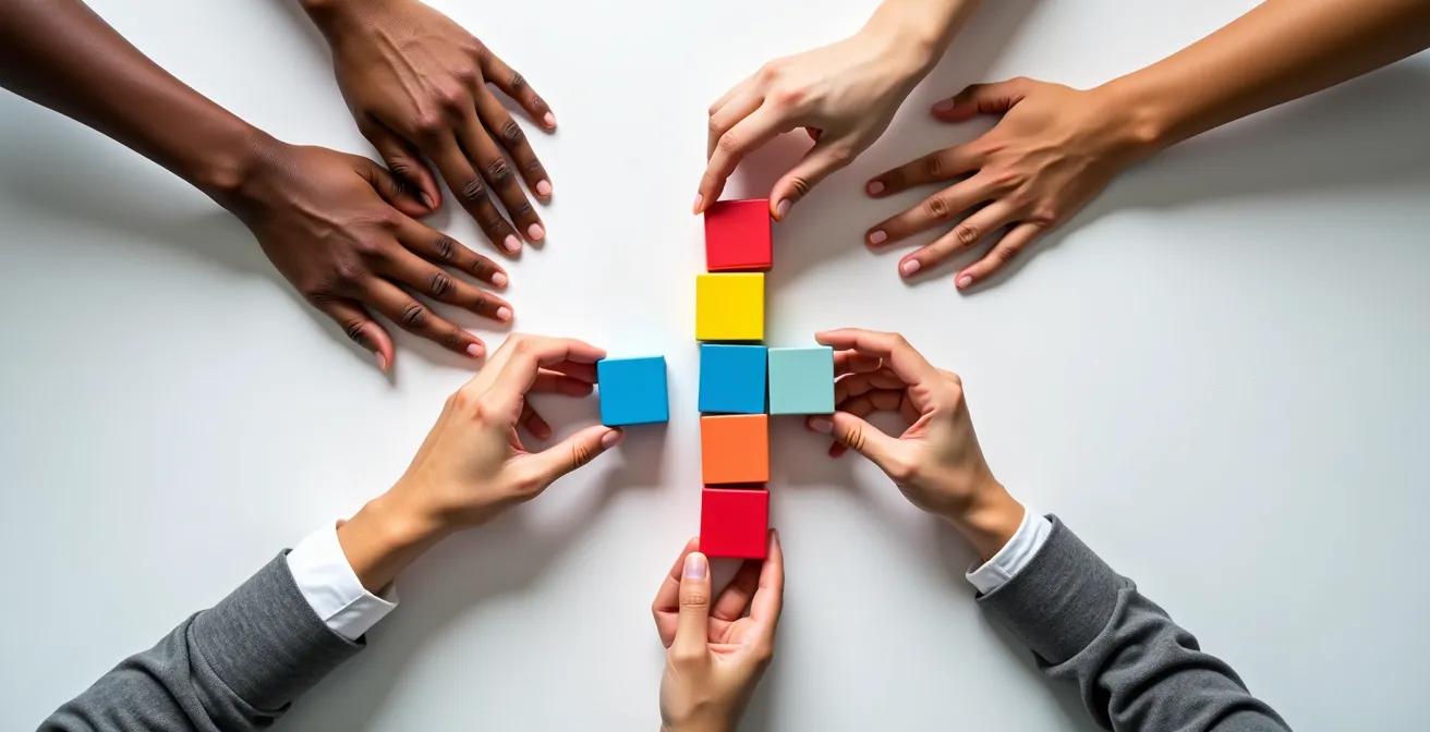 Kreative Zusammenarbeit in einem Team, das ohne hierarchische Kontrolle an einer innovativen Lösung arbeitet.