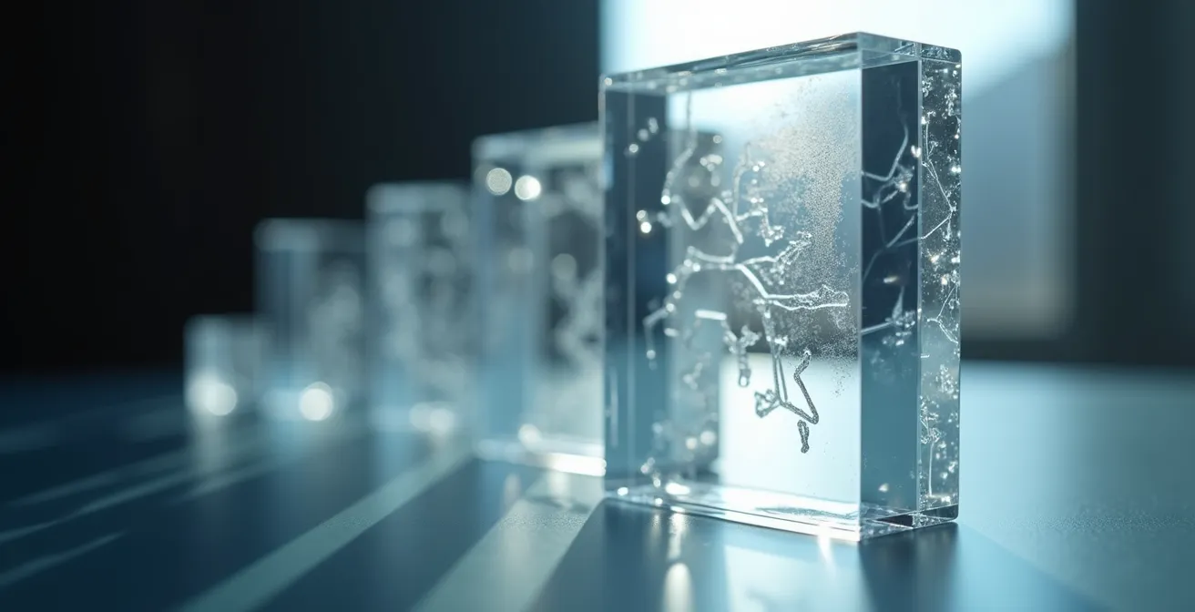 Abstrakte Darstellung einer Logo-Evolution mit Qualitätssiegeln und technischen Designelementen