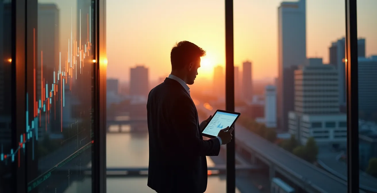 Geschäftsmann betrachtet holografische Datenprojektionen in modernem Büro