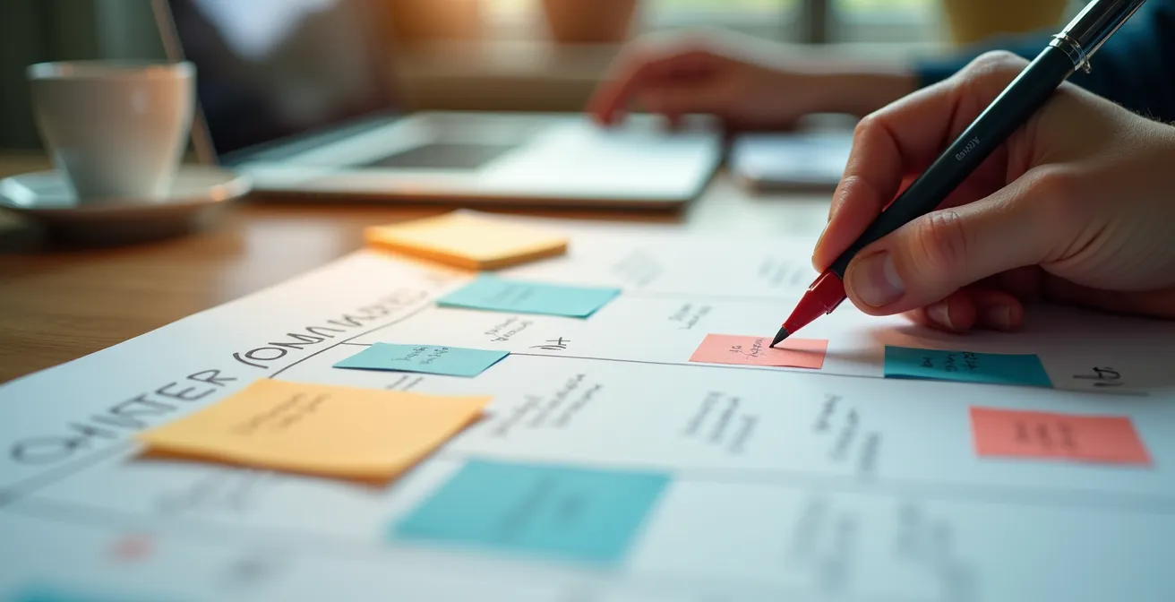 Detailaufnahme zeigt Hände beim Planen einer Crowdinvesting-Kampagne mit Zeitstrahl und Meilensteinen