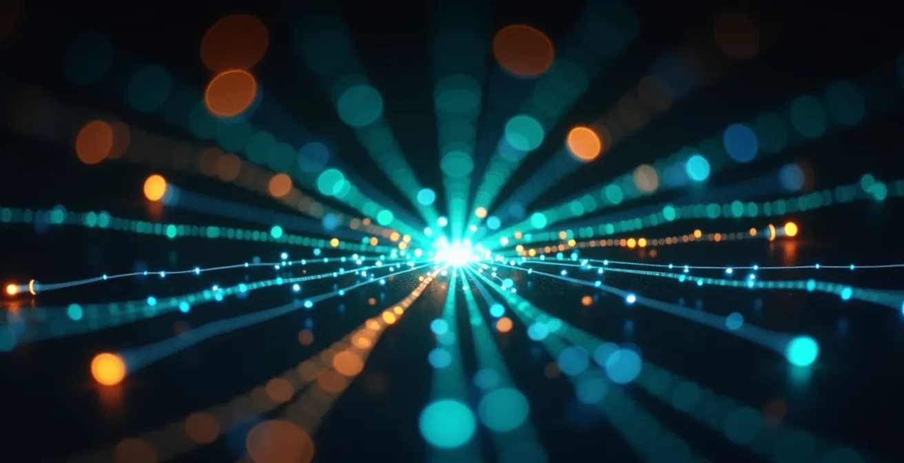 Makroaufnahme von leuchtenden Datenpunkten die sich zu einem Netzwerkmuster verbinden