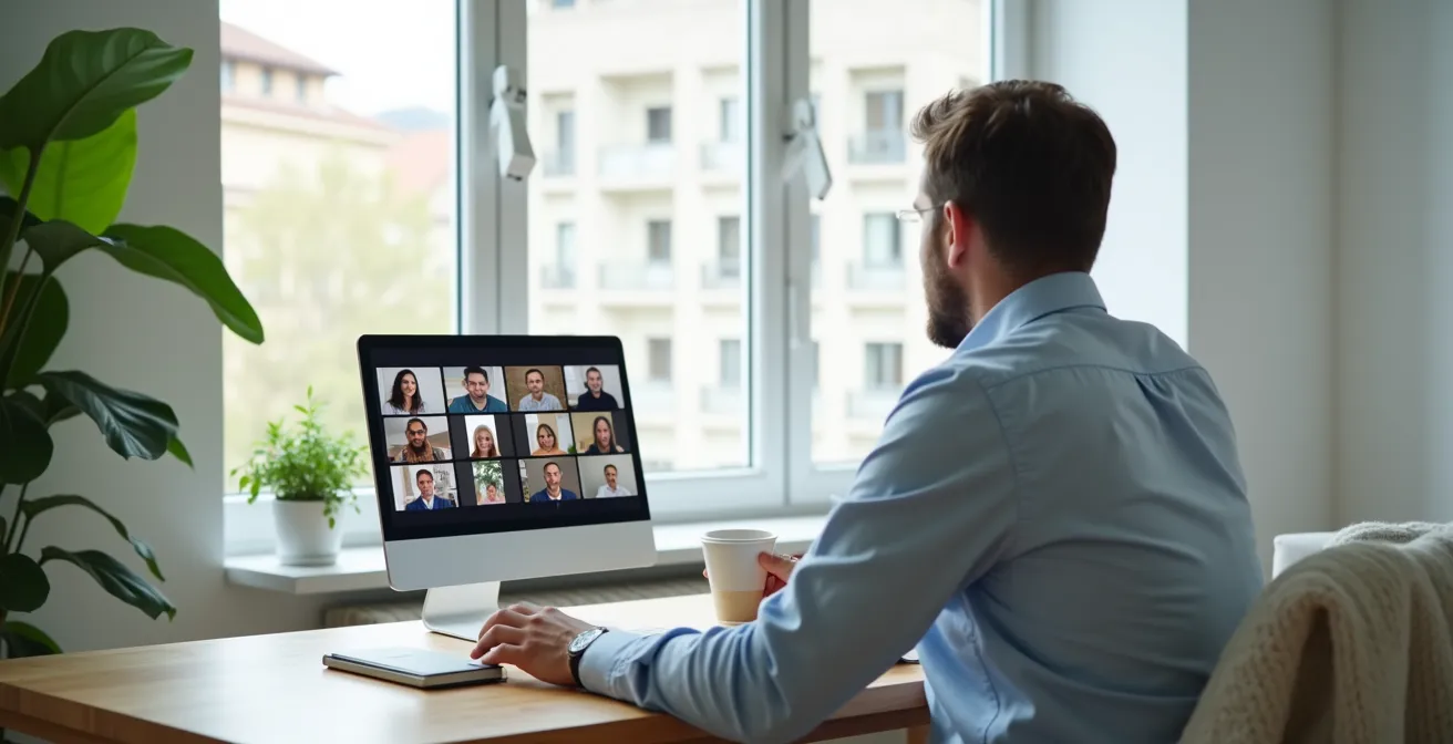 Führungskraft kommuniziert vertrauensvoll per Videocall mit verteiltem Team