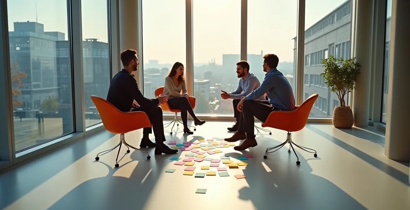 Team bei einer strukturierten Retrospektive mit anonymen Feedback-Methoden