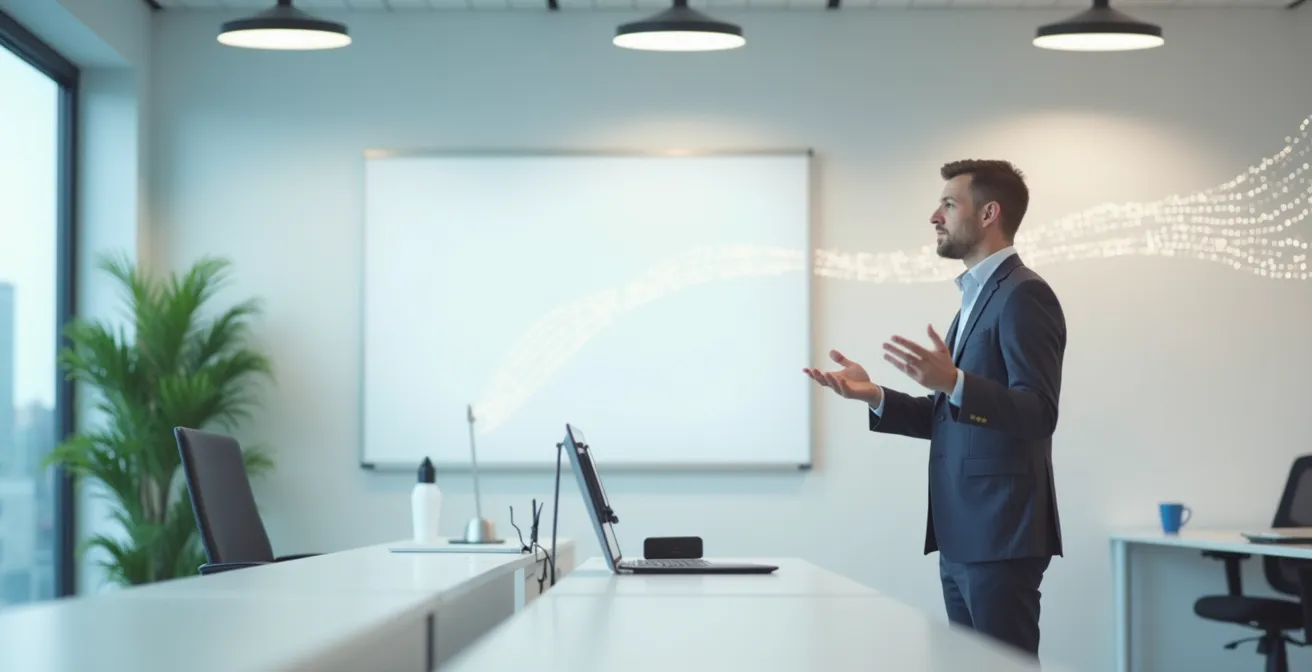 Ein Ingenieur konzentriert sich auf die Kundenberatung, während im Hintergrund abstrakte Datenströme die durch RPA automatisierte Routinearbeit symbolisieren.