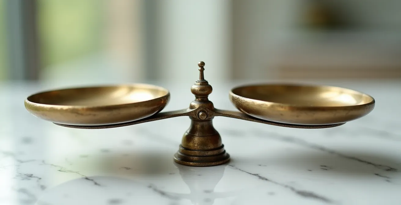 Makroaufnahme einer antiken Waage mit zwei Schalen in perfektem Gleichgewicht symbolisiert die Balance zwischen Rückstellungen und Gewinnausweis