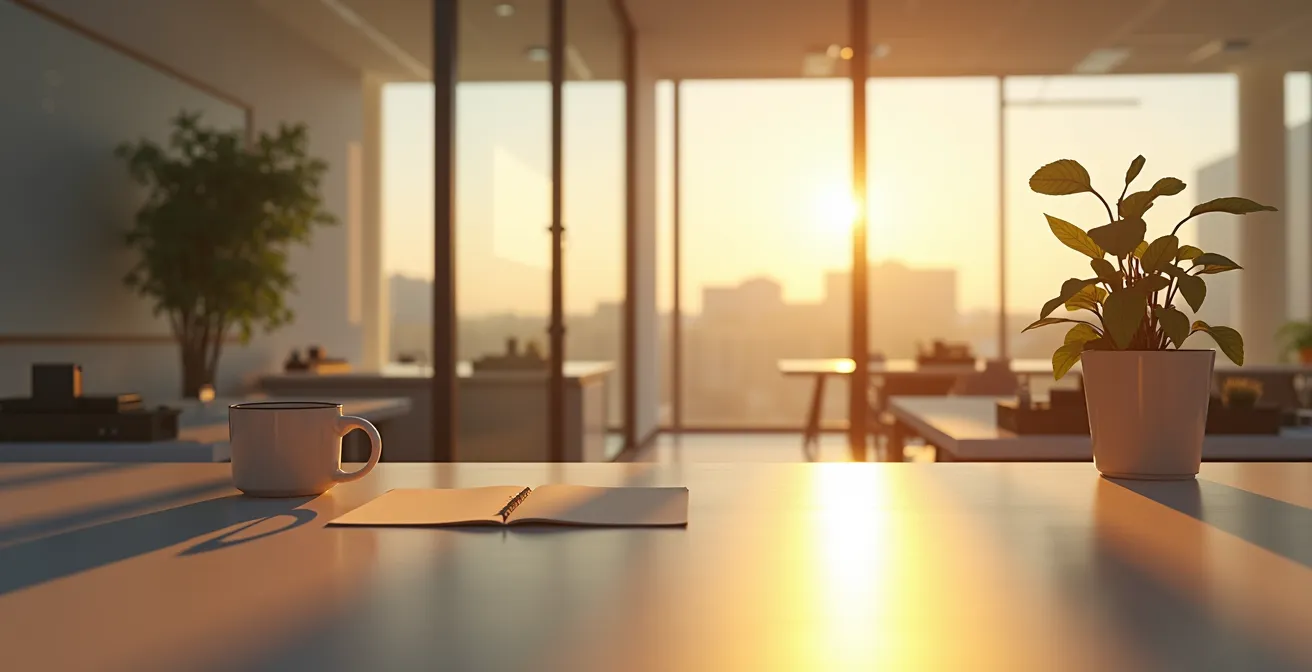 Abstrakte Darstellung von Frühwarnsignalen in einem modernen Büroumfeld, symbolisiert durch eine welke Pflanze und ein leeres Pult