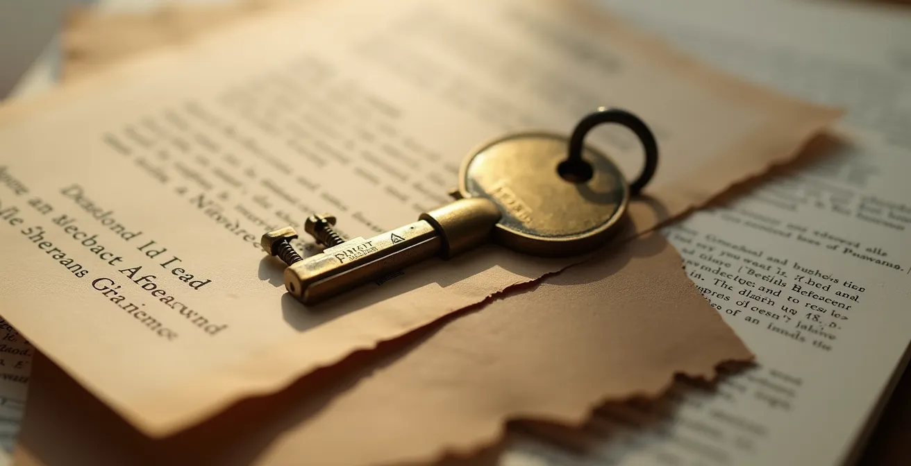 Detailaufnahme von Vertragsunterlagen und Schlüsseln auf Holztisch