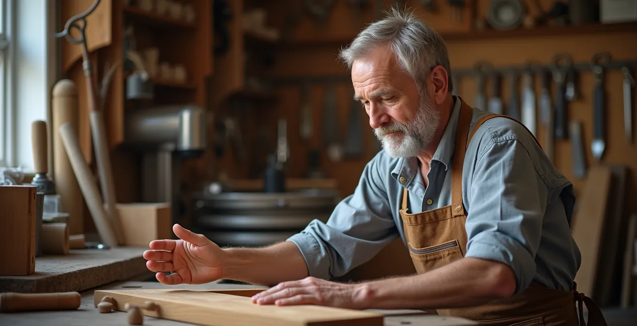 Handwerksmeister nutzt einen unsichtbaren 3D-Konfigurator, um ein maßgefertigtes Produkt zu gestalten und seine Kernkompetenz zu verstärken.