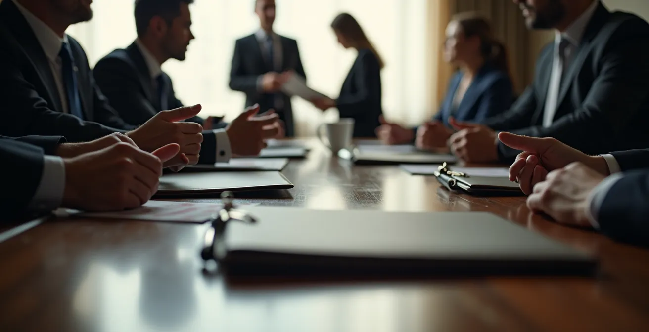 Ein Anwalt berät einen Geschäftsführer in einem ernsten Gespräch, was auf eine Steuerfahndung hindeutet.