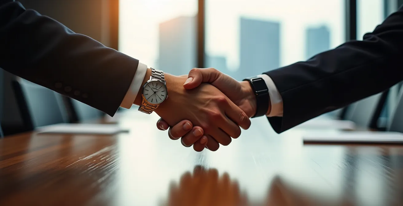 Geschäftspartnerschaft durch stille Beteiligung mit Handschlag besiegelt