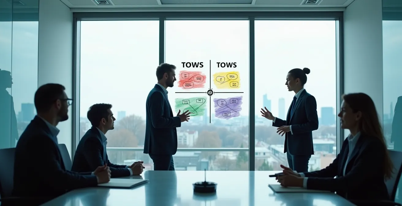 Visuelle Darstellung einer TOWS-Matrix mit vier Strategiequadranten