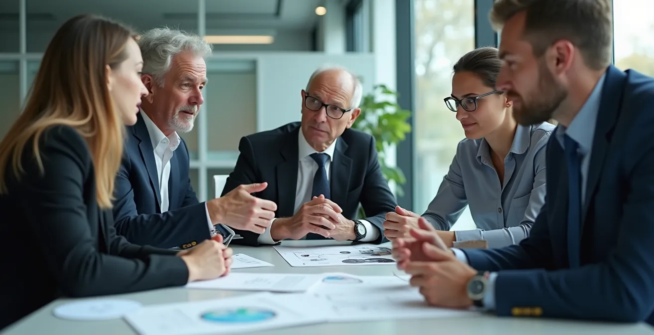 Geschäftsleute diskutieren in modernem Konferenzraum mit Startup-Atmosphäre