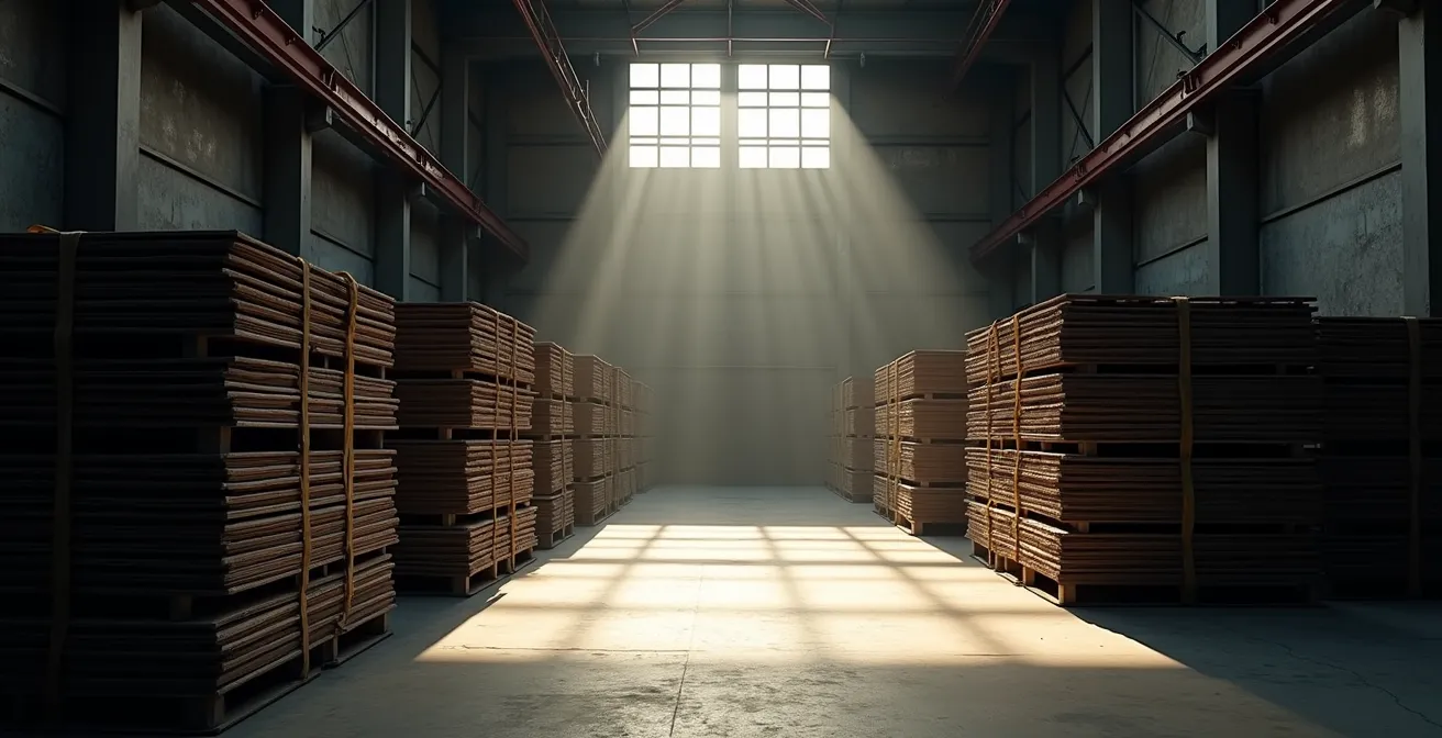 Industrielles Lager mit gestapelten Materialien symbolisiert gebundenes Kapital