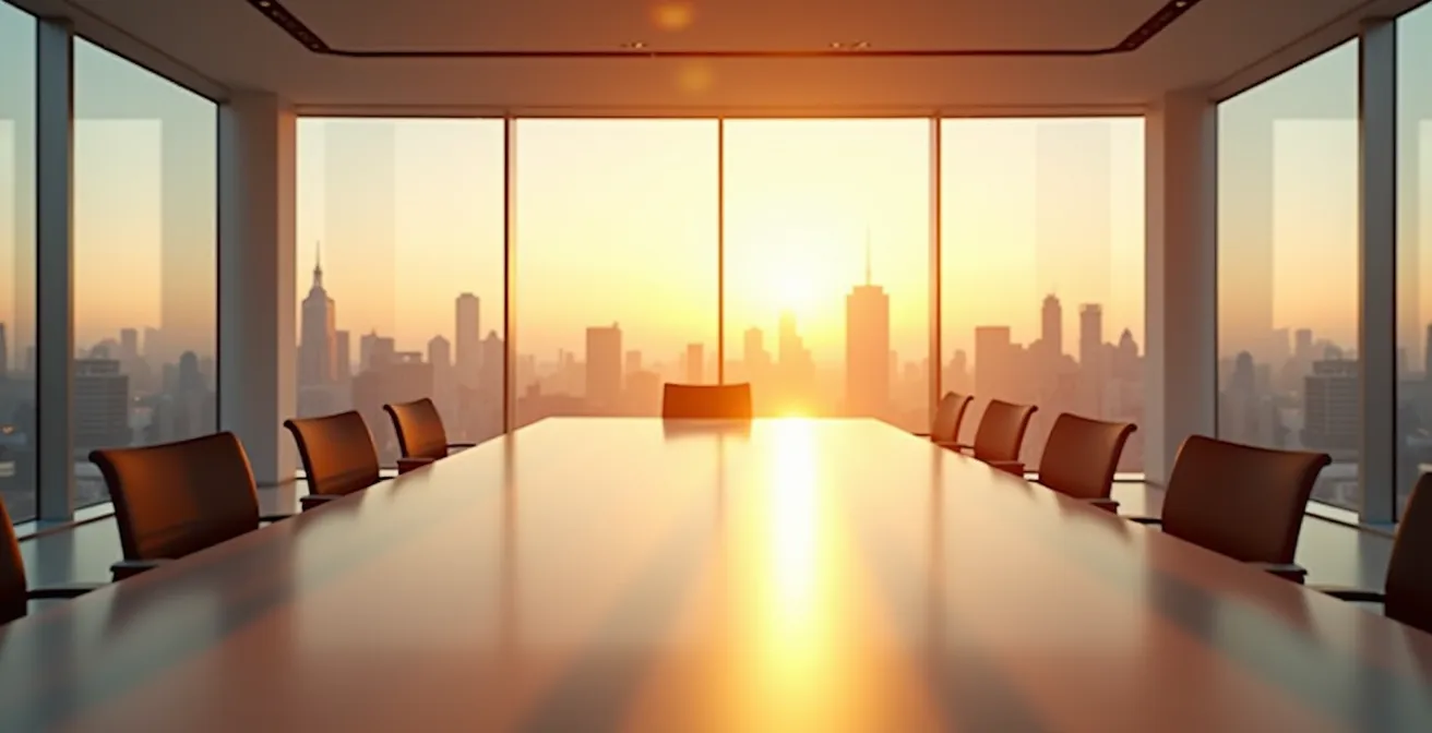 Weitwinkelaufnahme eines modernen Büroraums mit Blick durch Panoramafenster auf Stadtsilhouette bei Sonnenaufgang symbolisiert Zukunftsperspektiven